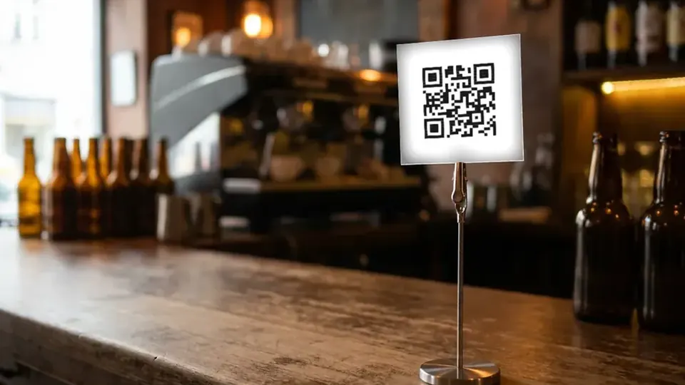 Bar tezgâhında menülük üzerinde QR menü karekodu ve şişeler
