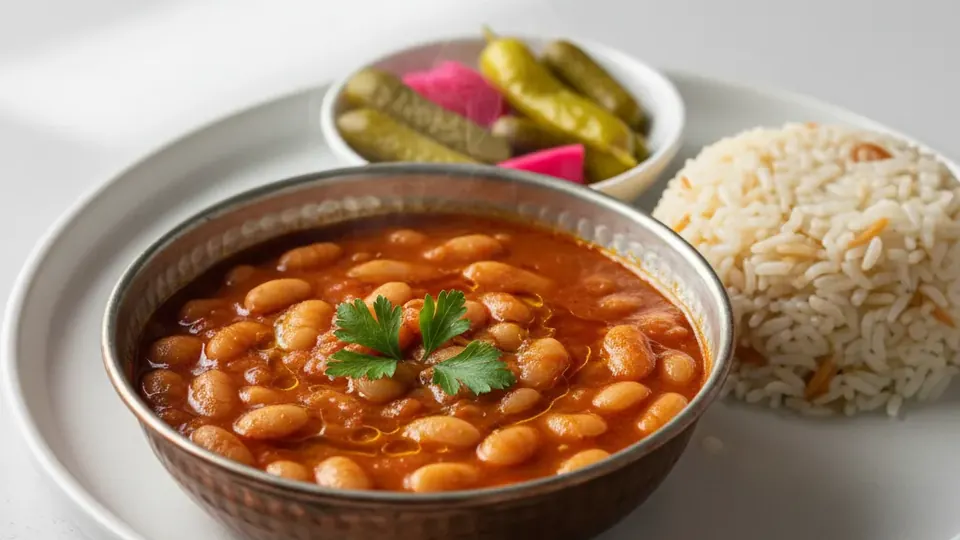 Kuru fasulye, pilav ve turşu tabağı