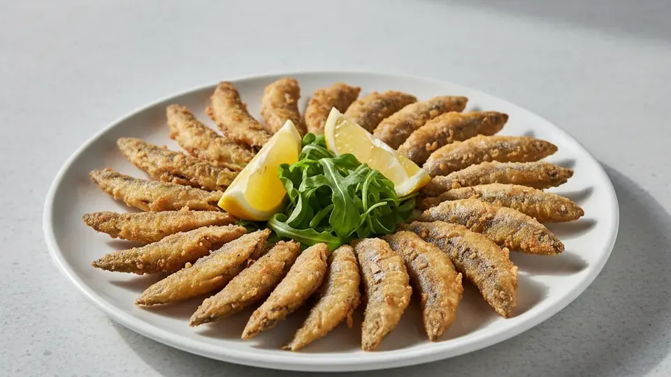 Tavada dizilmiş kızarmış hamsi ve limon