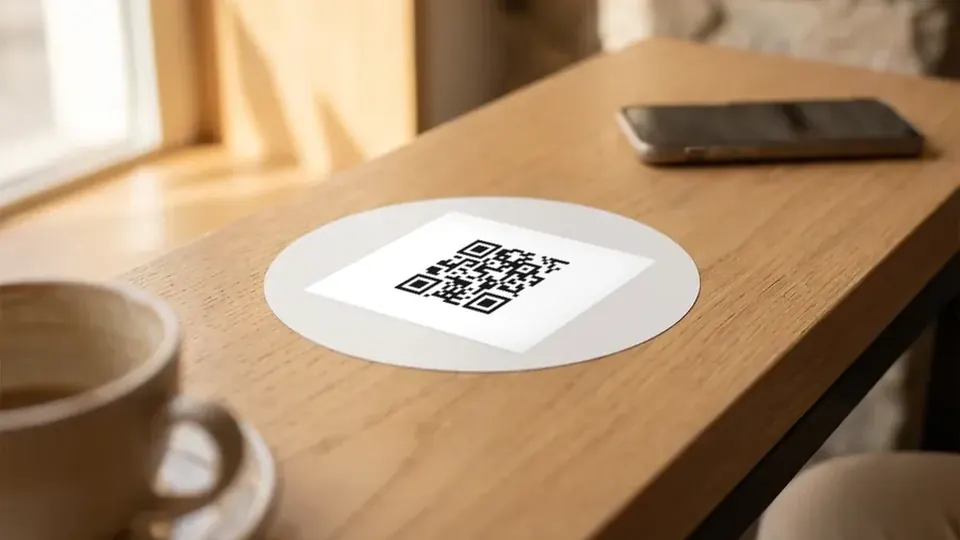 Ahşap kafe masasına yapıştırılmış yuvarlak QR menü etiketi ve kahve fincanı