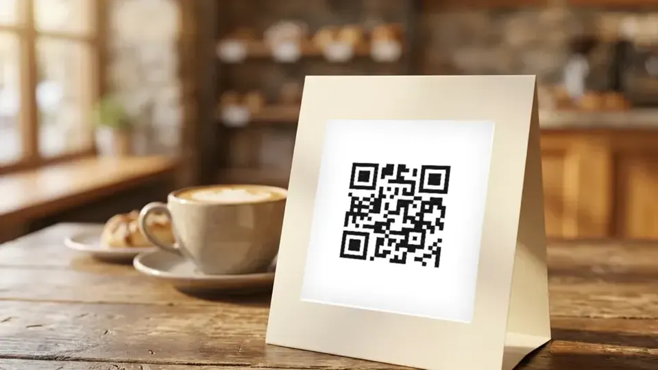 Kafe masasında çadır tipi karton QR menü kartı ve kahve