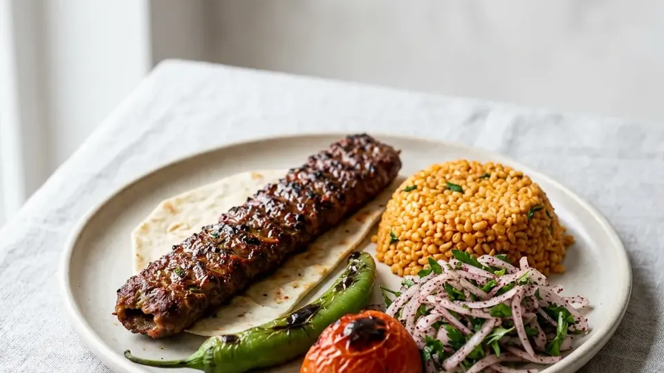 Közlenmiş biber ve domatesle Adana kebap
