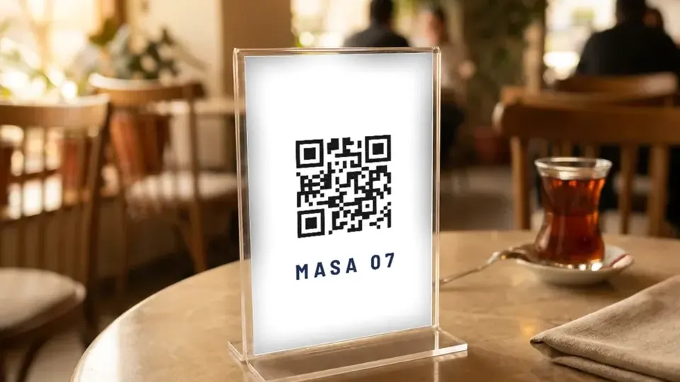 Kafe masasında masa numaralı akrilik QR menü standı ve bir bardak çay