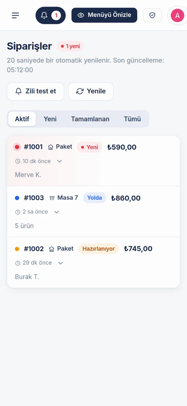 Telefonda Menutik paneli, sipariş listesi