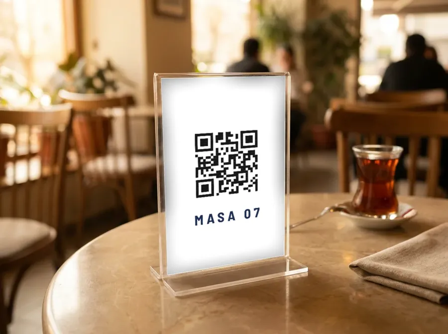 Kafe masasında şeffaf akrilik L stand, üzerinde karekod ve masa numarası