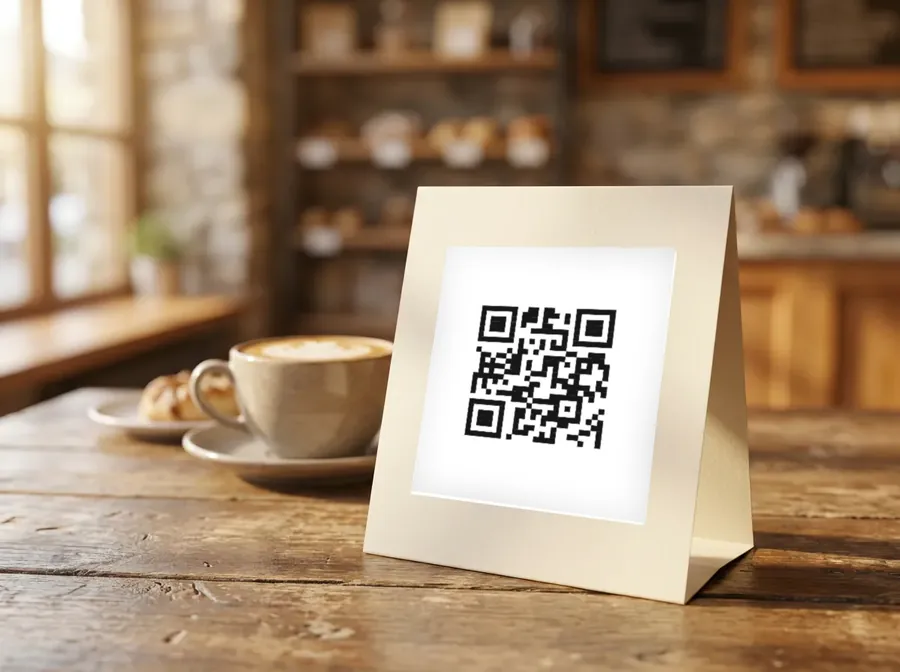 Kafe masasında katlanır çadır kart, ortasında karekod