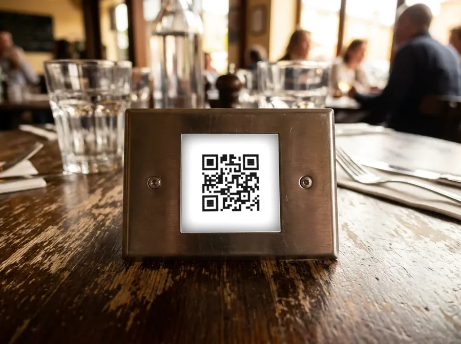 Bistro masasına vidalanmış metal plaka, ortasında karekod